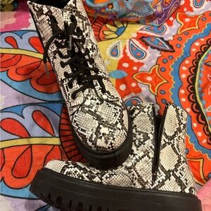 Snake print Lugg sole Combat Boots with Black Laces